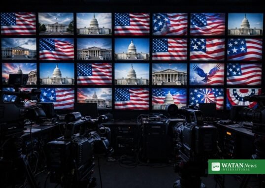 Trump taxpayer-funded ads controversy - wall of TV screens showing patriotic broadcasts ahead of US midterms