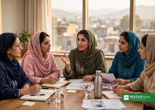 Pakistani women leaders in a Peshawar meeting discussing the KPCSW UNICEF partnership for women's rights