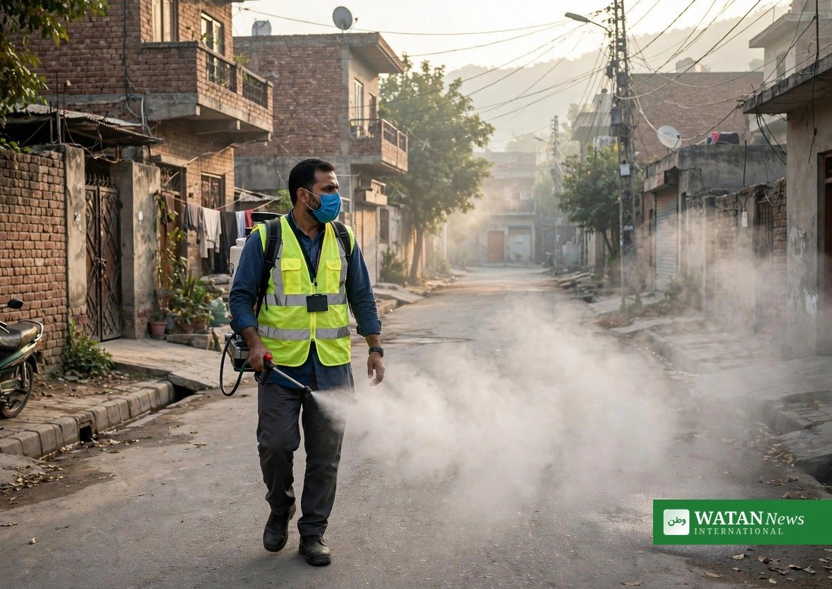 Health worker fogging against dengue mosquitoes in Rawalpindi as dengue cases drop