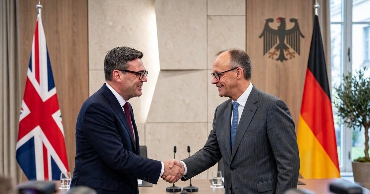 UK Prime Minister Andy Burnham shakes hands with German Chancellor Friedrich Merz in Berlin during the Burnham Merz Berlin meeting