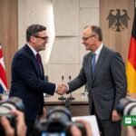 UK Prime Minister Andy Burnham shakes hands with German Chancellor Friedrich Merz in Berlin during the Burnham Merz Berlin meeting