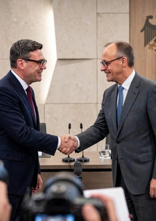UK Prime Minister Andy Burnham shakes hands with German Chancellor Friedrich Merz in Berlin during the Burnham Merz Berlin meeting