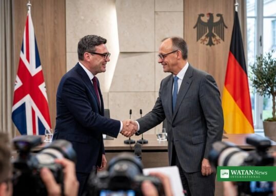UK Prime Minister Andy Burnham shakes hands with German Chancellor Friedrich Merz in Berlin during the Burnham Merz Berlin meeting