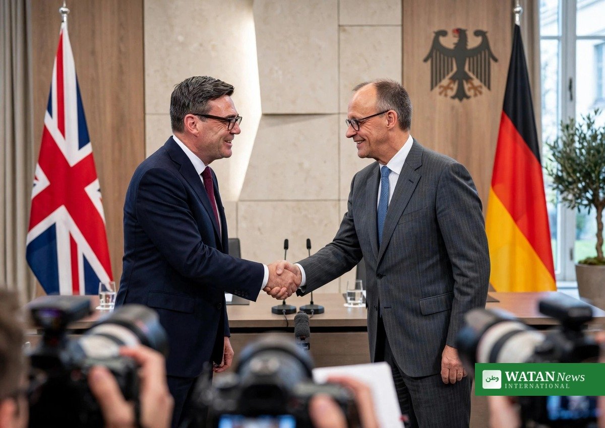 UK Prime Minister Andy Burnham shakes hands with German Chancellor Friedrich Merz in Berlin during the Burnham Merz Berlin meeting