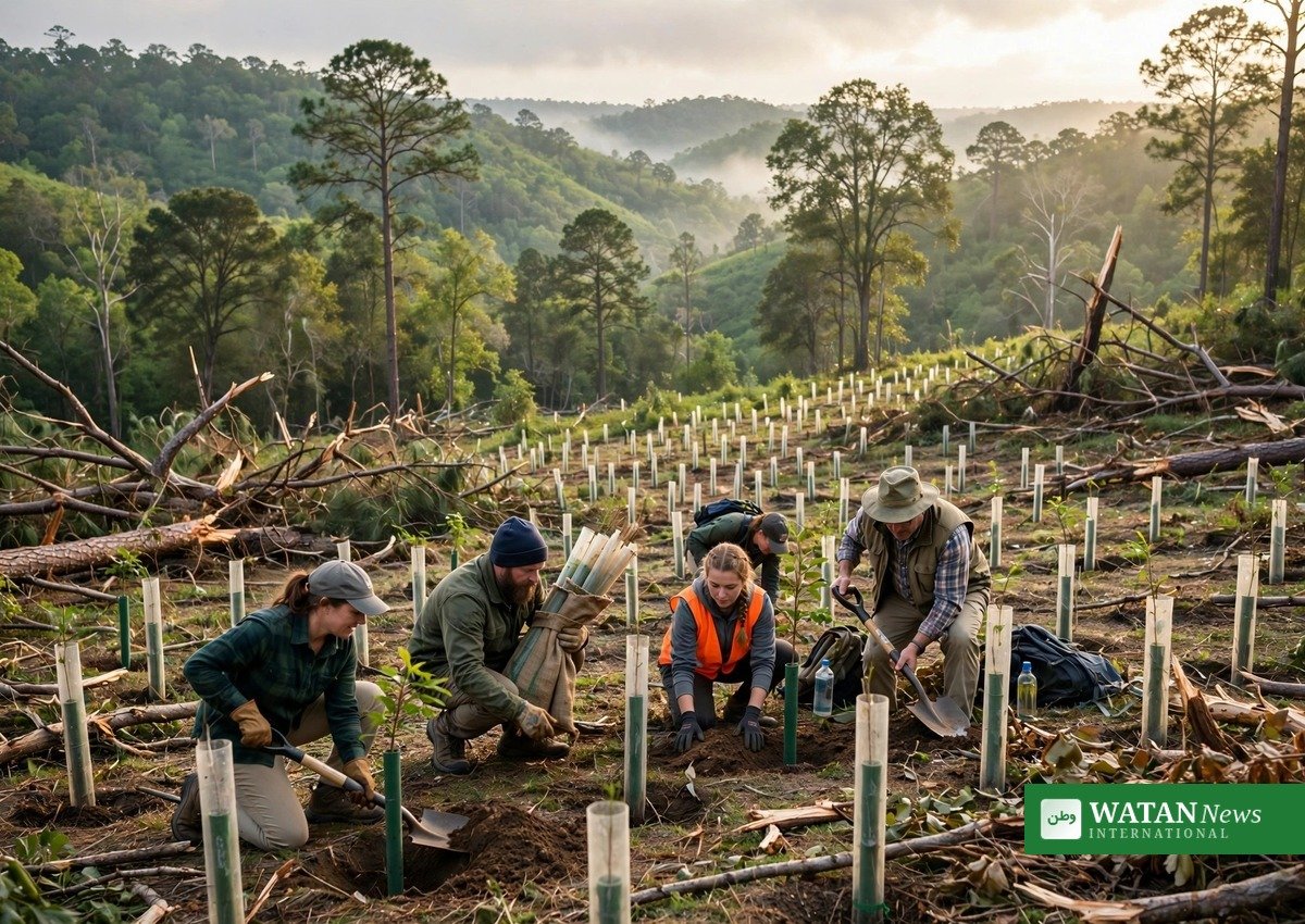 Frivillig planter et træ under Arbor Day Foundations genplantning efter orkaner