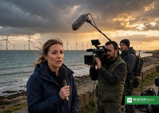 Klimajournalister rapporterer ved en havvindmøllepark — journalistpriser 2026