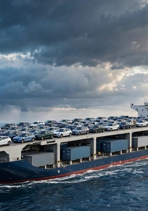 Cargo ship carrying hybrid cars at sea — EU-China trade deal
