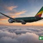 Ethiopian Airlines cargo plane in flight at dusk, after an Ethiopian cargo flight to Tel Aviv was turned back by Israel over its Indonesian pilot