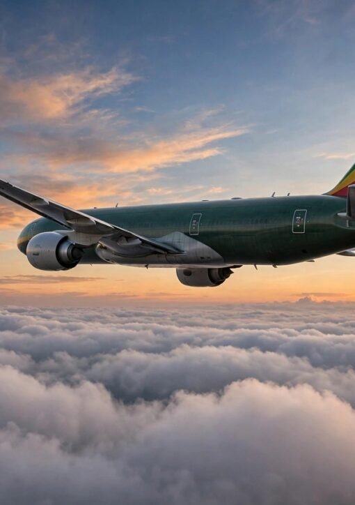 Ethiopian Airlines cargo plane in flight at dusk, after an Ethiopian cargo flight to Tel Aviv was turned back by Israel over its Indonesian pilot