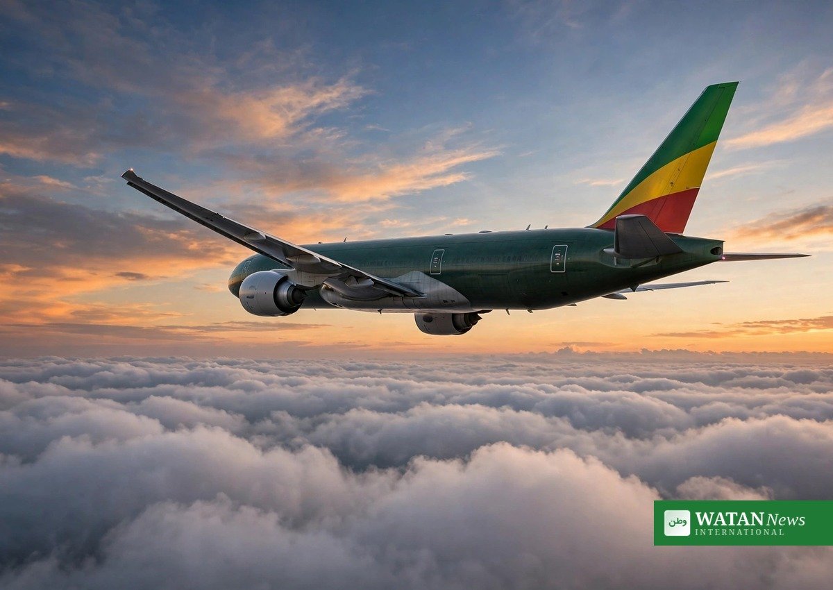 Ethiopian Airlines cargo plane in flight at dusk, after an Ethiopian cargo flight to Tel Aviv was turned back by Israel over its Indonesian pilot