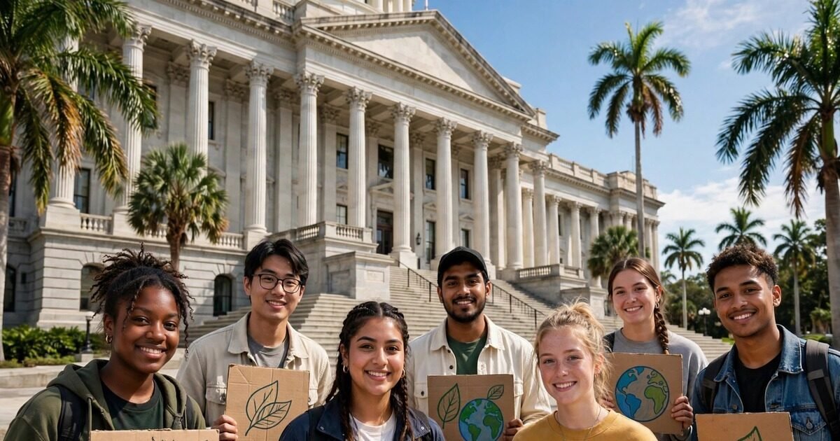Young climate activists with banners at a state capitol for the Hawaii Youth Climate Summit 2026