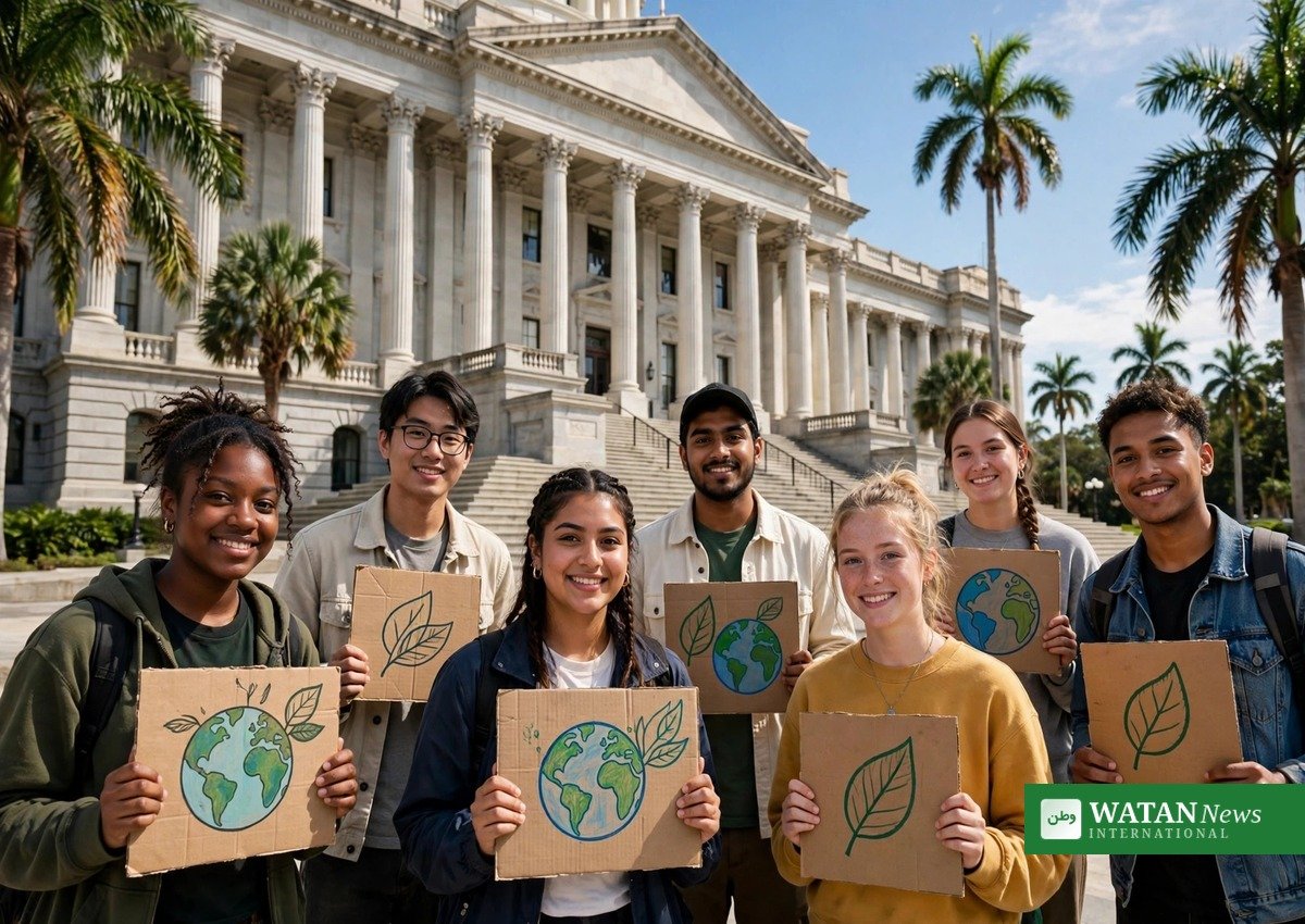 Young climate activists with banners at a state capitol for the Hawaii Youth Climate Summit 2026