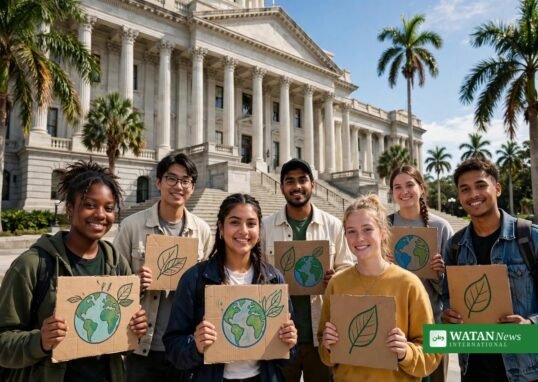 Unge klimaaktivister med bannere foran en delstatskongres til Hawaii ungdomsklimatopmøde 2026
