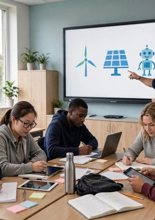 Transition Year students in an Irish classroom using laptops during the GreenFutures AI and climate education programme