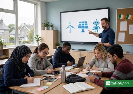 Transition Year students in an Irish classroom using laptops during the GreenFutures AI and climate education programme