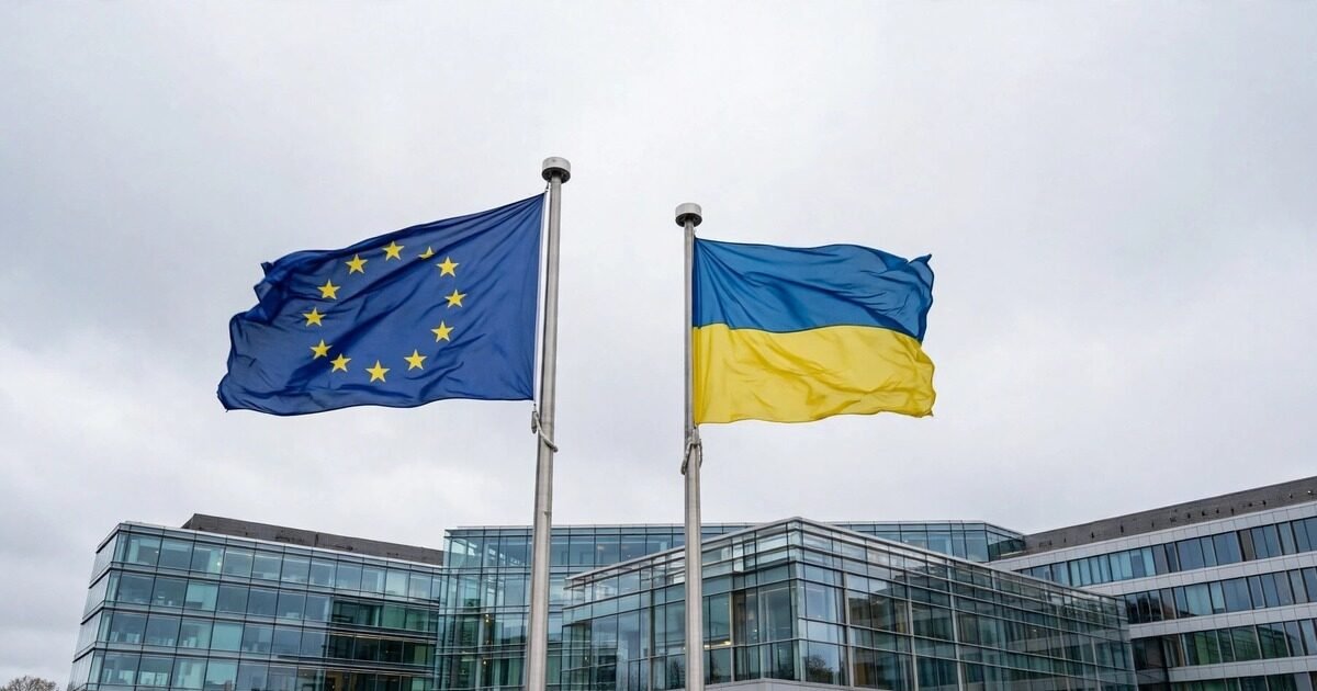Ukraine EU accession talks — EU and Ukrainian flags at a European institution building in Luxembourg