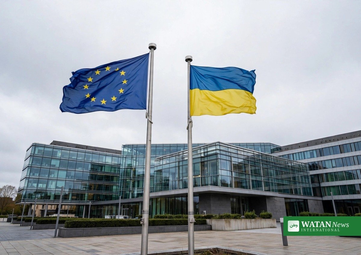 Ukraine EU accession talks — EU and Ukrainian flags at a European institution building in Luxembourg