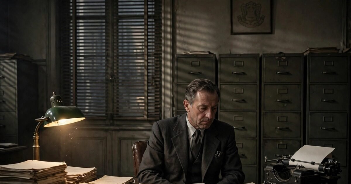 Notre Salut film - Vichy-era bureaucrat at his desk, echoing the film's portrait of complicity