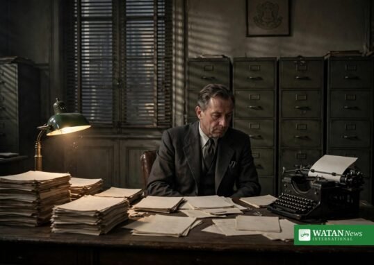 Notre Salut film - Vichy-era bureaucrat at his desk, echoing the film's portrait of complicity