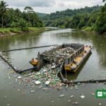 The Ocean Cleanup river interceptor collecting ocean plastic from a tropical Southeast Asian river