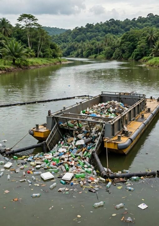 The Ocean Cleanup river interceptor collecting ocean plastic from a tropical Southeast Asian river