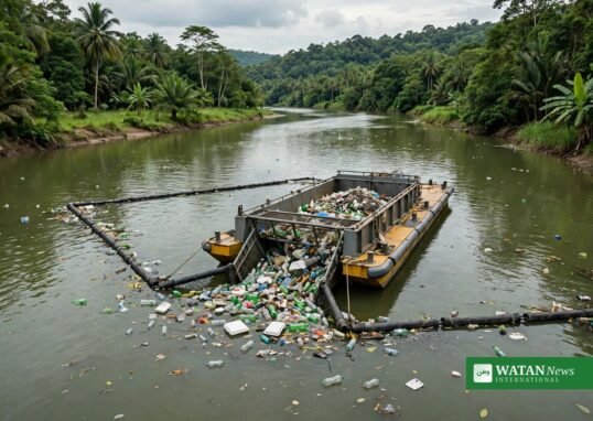 The Ocean Cleanup river interceptor collecting ocean plastic from a tropical Southeast Asian river