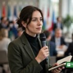 Journalist reporting at an international climate conference
