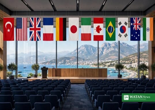 Flags of world nations at a conference hall overlooking the Antalya coast ahead of COP31 in Türkiye, as the presidency launches its 35-by-35 electrification pledge