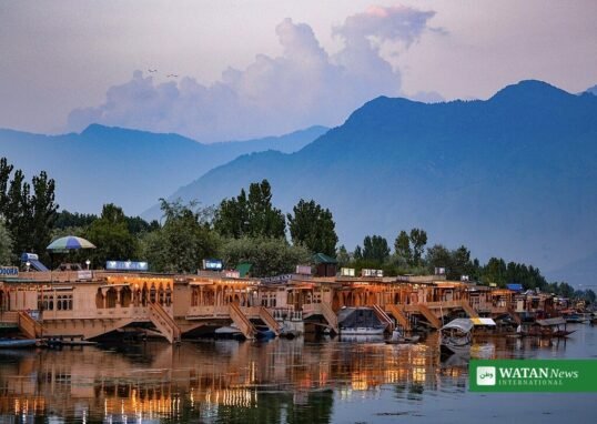 Houseboats on Dal Lake in Srinagar, Kashmir, with mountains behind