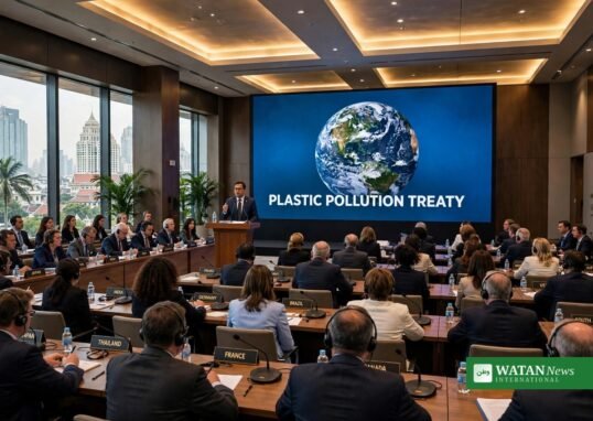 Global plastics treaty: delegates at a UN-style plastics treaty negotiation session in Bangkok, with a large screen reading Plastic Pollution Treaty, as INC chair Julio Cordano says a deal could be adopted in March 2027