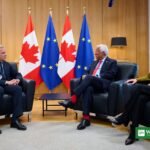 Canadian Prime Minister Mark Carney, European Council President Antonio Costa and European Commission President Ursula von der Leyen at a Canada-EU meeting