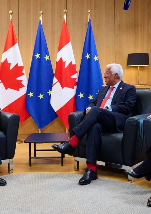 Canadian Prime Minister Mark Carney, European Council President Antonio Costa and European Commission President Ursula von der Leyen at a Canada-EU meeting