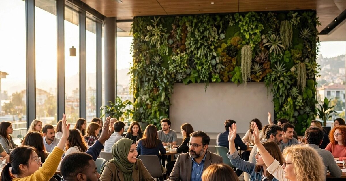 Young people and teachers discussing climate education at a conference session