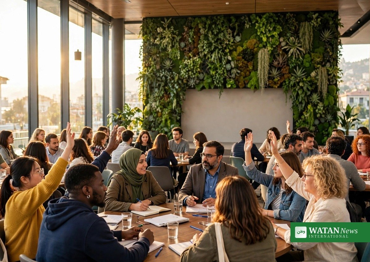 Young people and teachers discussing climate education at a conference session