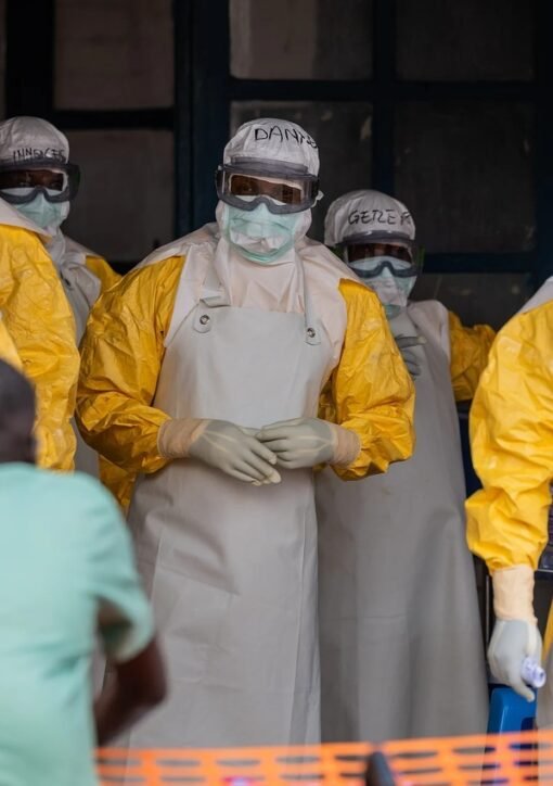 Health workers in protective equipment at an Ebola treatment centre in DR Congo