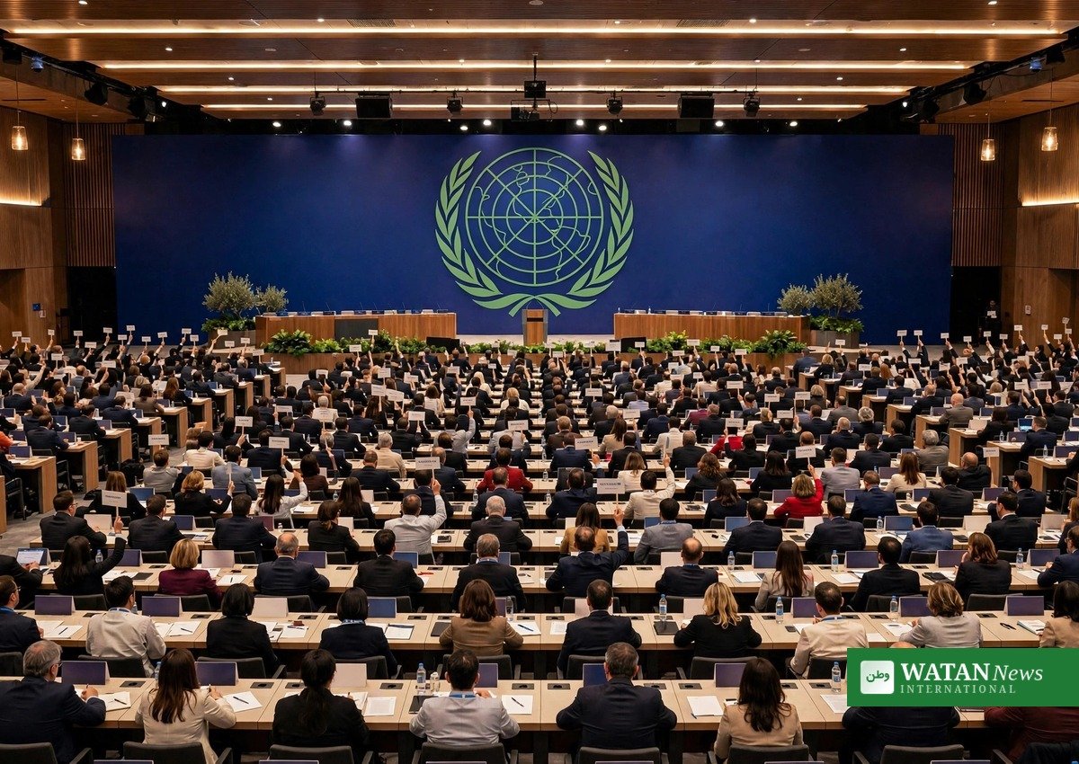 Delegates voting in the plenary hall of a UN climate summit, ahead of the IPCC's Addis Ababa session on the AR7 timeline