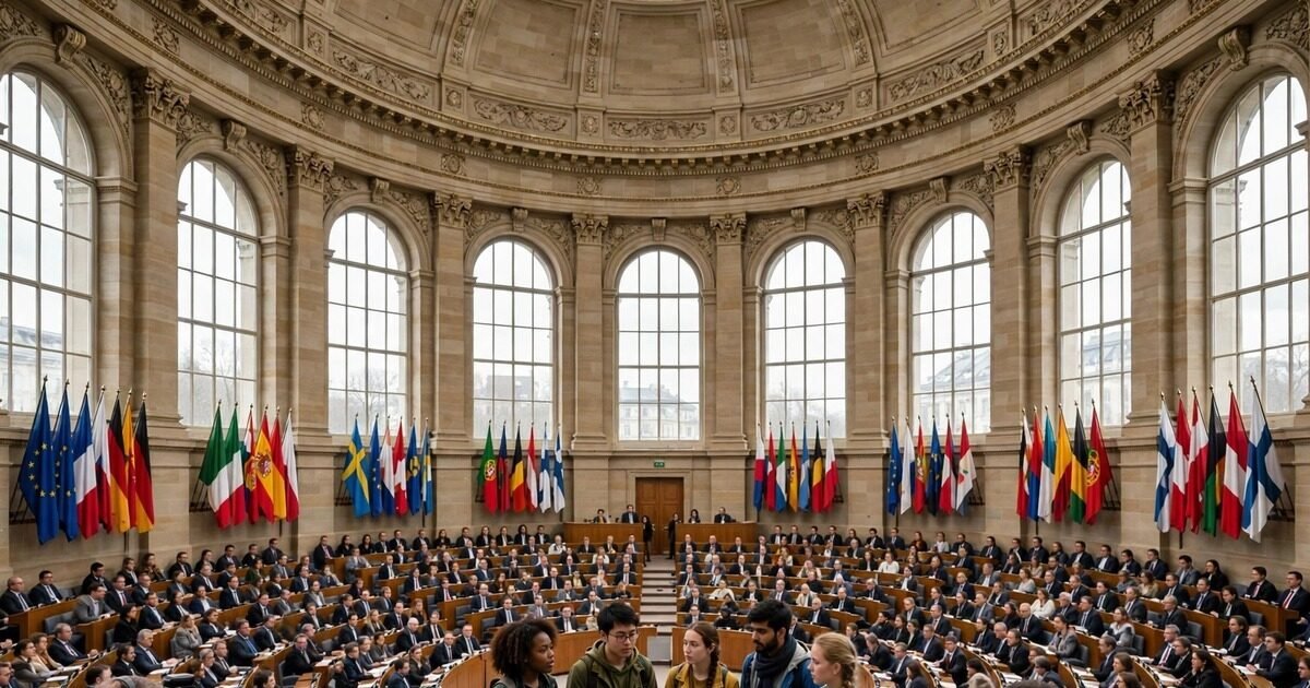 Youth climate action debate: youth representatives addressing PACE lawmakers in the Strasbourg assembly chamber