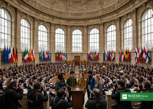 Youth climate action debate: youth representatives addressing PACE lawmakers in the Strasbourg assembly chamber