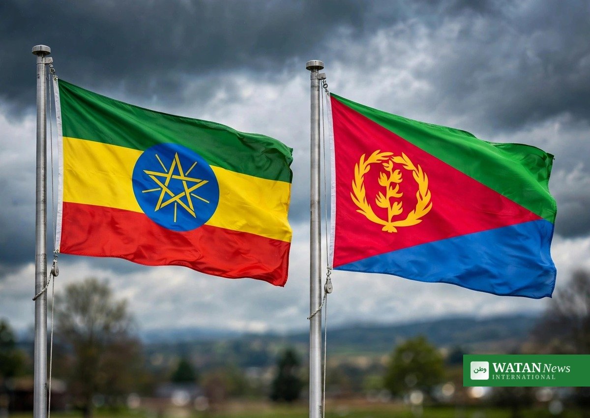 Flags of Ethiopia and Eritrea flying side by side as Eritrea severs diplomatic ties with Ethiopia