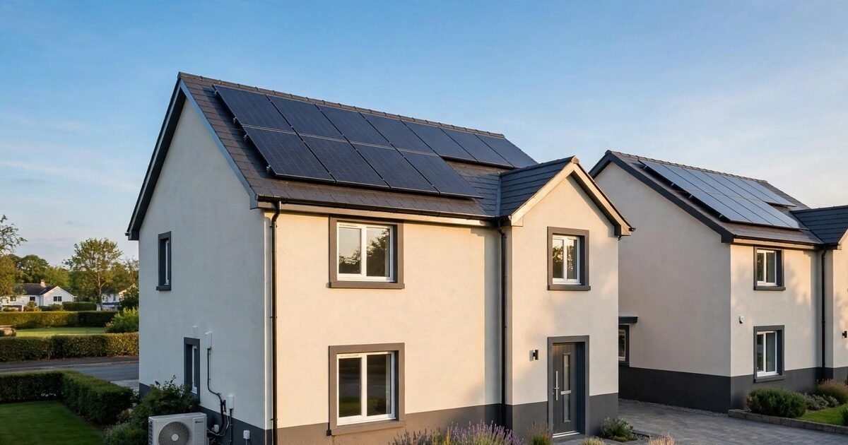 Irish home with rooftop solar panels and a heat pump unit