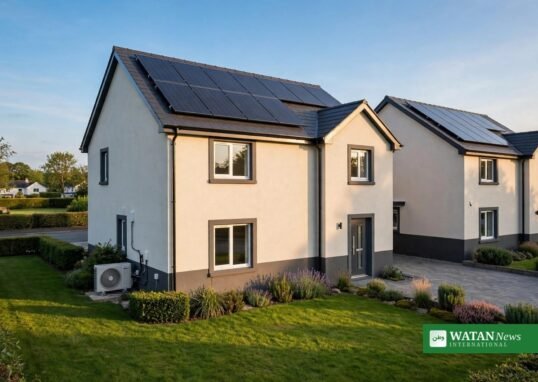 Irish home with rooftop solar panels and a heat pump unit
