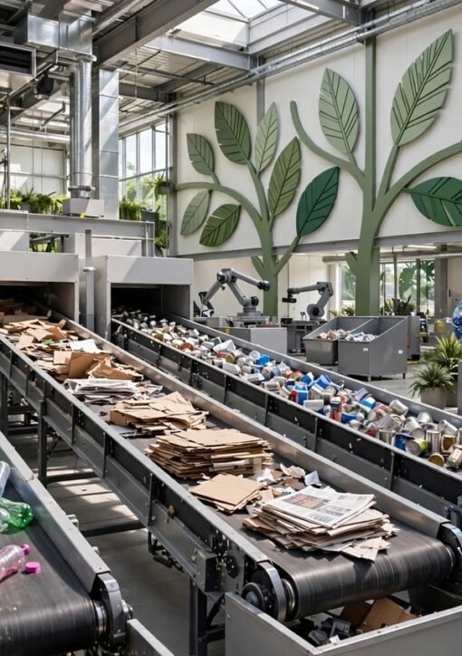 Zero waste climate strategy — modern recycling sorting facility separating plastic bottles, paper and metals
