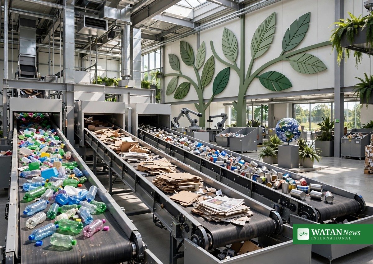 Nul affald klimastrategi — moderne genbrugssorteringsanlæg der sorterer plastflasker, papir og metaller