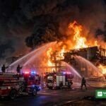 کراچی گارمنٹ فیکٹری آگ — رات کے وقت فیکٹری میں لگی آگ بجھاتے فائر فائٹرز (علامتی تصویر)