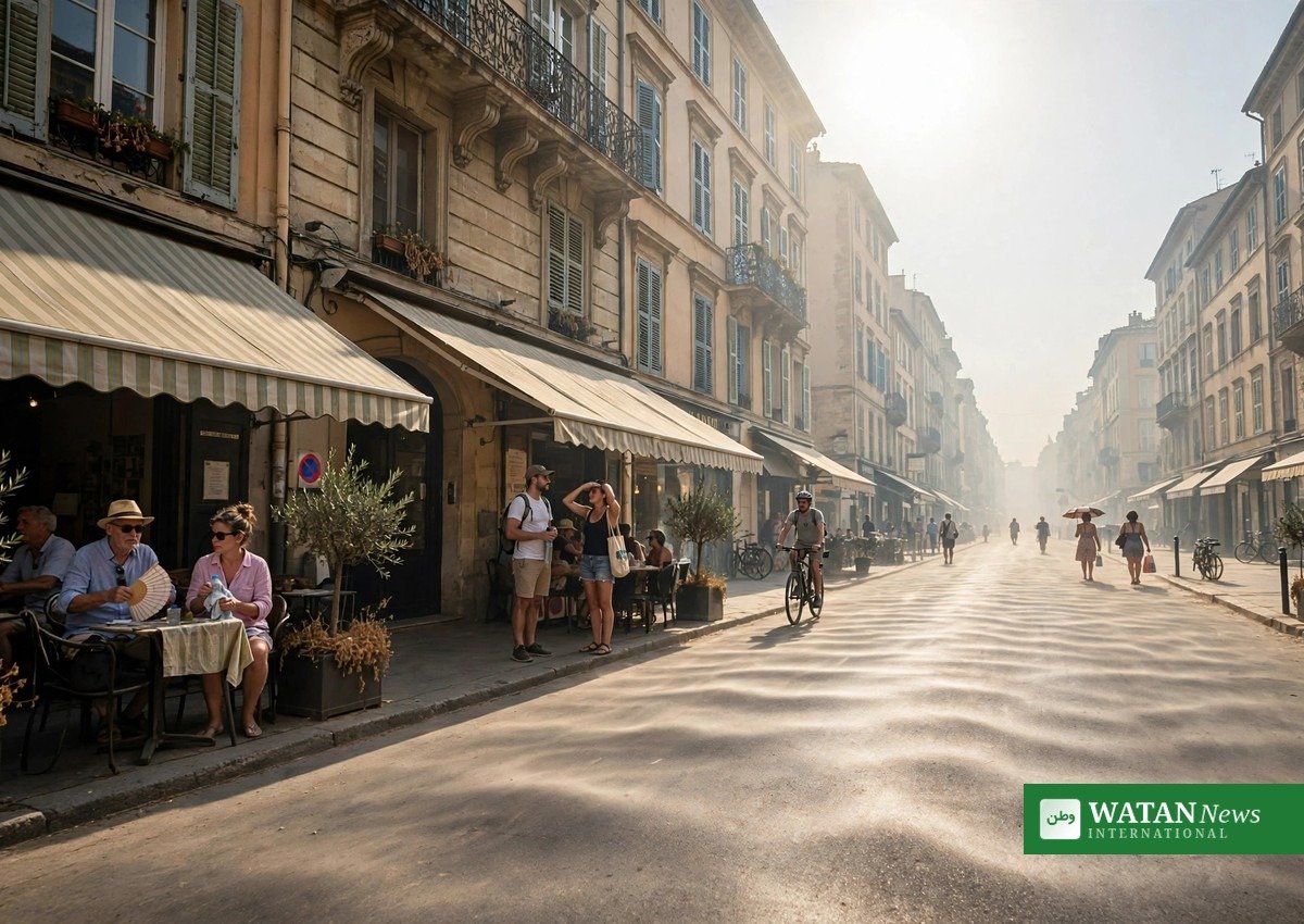 European city street shimmering in intense summer heat stress during Europe's record-hot summer 2026