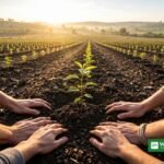 Volunteers planting a young tree sapling in a reforestation field at sunrise