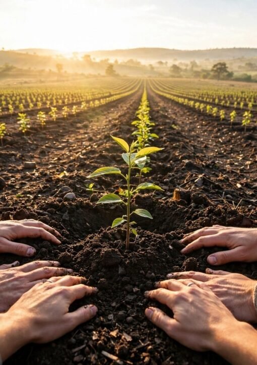 Volunteers planting a young tree sapling in a reforestation field at sunrise
