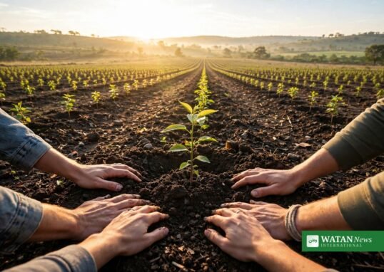 Volunteers planting a young tree sapling in a reforestation field at sunrise