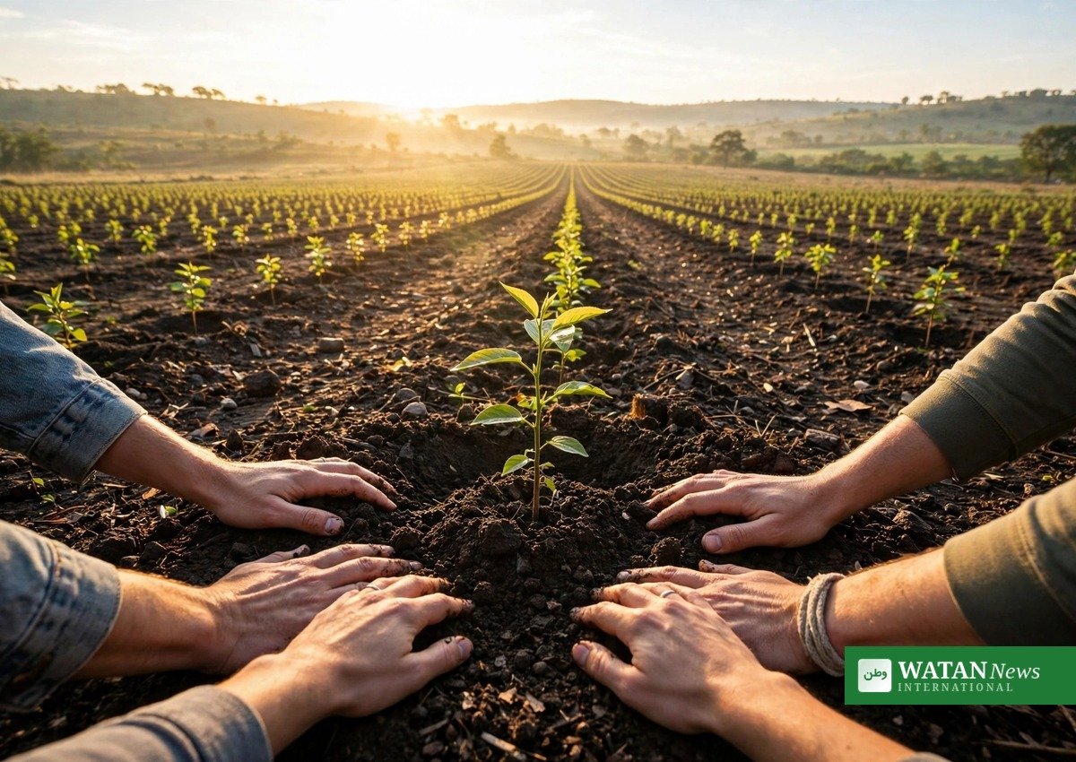 Volunteers planting a young tree sapling in a reforestation field at sunrise