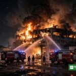 Firefighters battling the Karachi garment factory fire at night in Karachi's SITE area